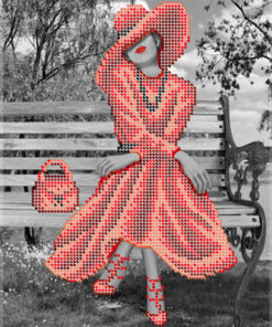 Broderie cu mărgele Fata intr-o rochie rosie A4 dimensiune 19x23 cm, 5 de culori, 2,768 mărgele.