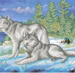Broderie cu mărgele Lupii iarna A3 dimensiune 27x36 cm, 18 de culori, 13,848 mărgele.