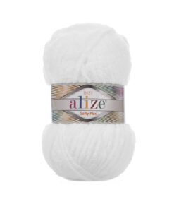 Fir Alize Softy Plus alb 055, gros și pufos, ideal pentru păturici, haine și jucării handmade.