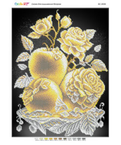 Broderie cu mărgele Trandafiri cu mere aurii A3 dimensiune 27x36 cm, 11 de culori, 12.777 mărgele.