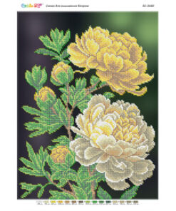 Broderie cu mărgele Bujori Aurii A3 dimensiune 27x36 cm, 15 de culori, 12.702 mărgele.