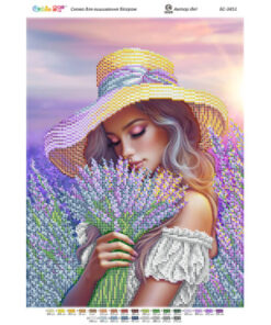 Broderie cu mărgele FATĂ CU LAVANDĂ A3 dimensiune 27x36 cm, 26 de culori, 9.897 mărgele.