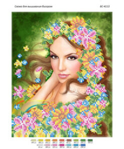 Broderie cu mărgele Fata cu flori A4 dimensiune 19x23 cm, 16 de culori, 3.848 mărgele.