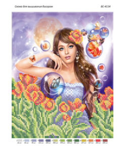 Broderie cu mărgele Fata cu fluturi A4 dimensiune 19x23 cm, 13 de culori, 3.223 mărgele.