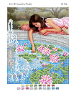 Broderie cu mărgele Fata cu nuferi A4 dimensiune 19x23 cm, 18 de culori, 6.418 mărgele.