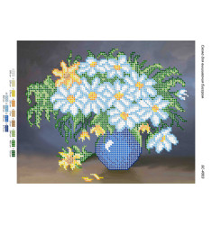 Broderie cu mărgele Flori albastre A4 dimensiune 19x23 cm, 13 de culori,4.493 mărgele.